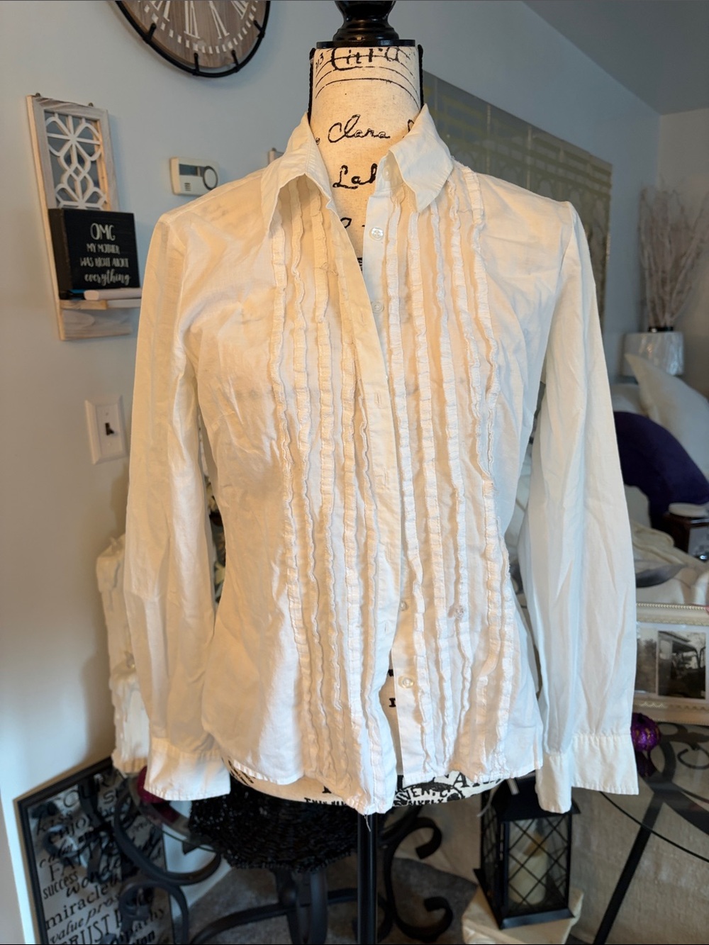 New York & Company Cream Ruffled Button-Down Shirt